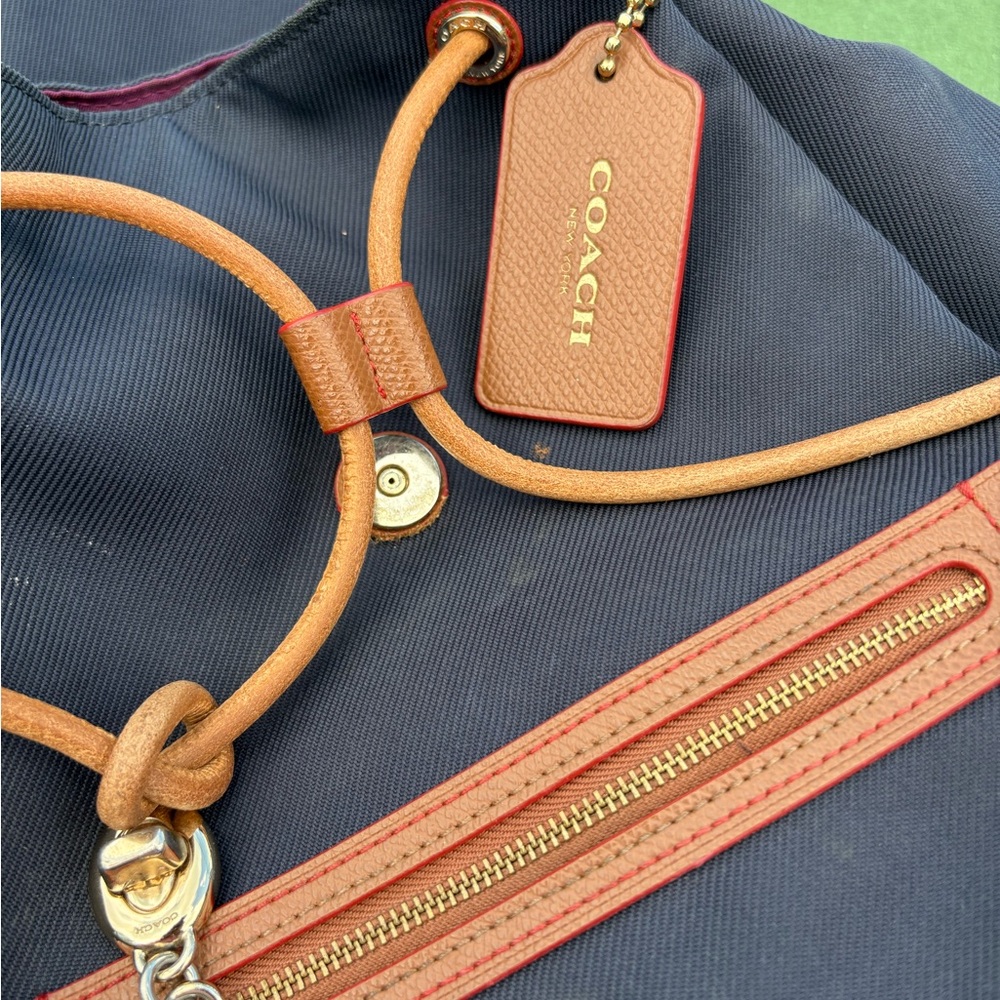 Coach Navy and Tan Sawyer Canvass/ Leather Medium Backpack with Gold Hardware - Picture 7 of 8